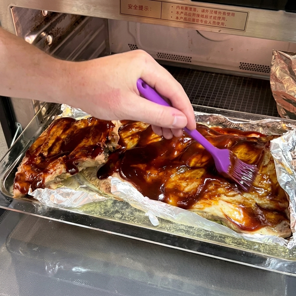 A hand holding a purple silicone brush spreading dark BBQ sauce evenly over a rack of baked ribs on an open piece of foil.