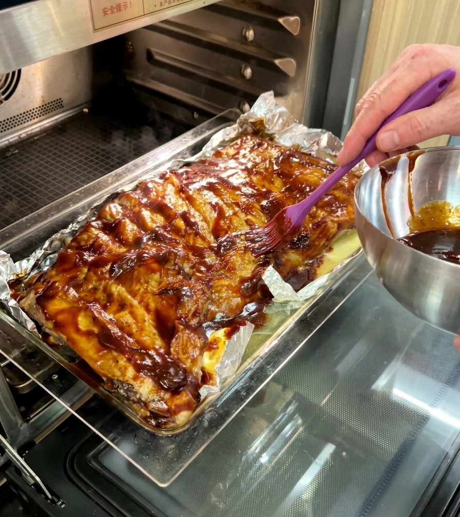 A person sliding a tray of ribs covered in thick reddish-brown BBQ sauce back into a professional-grade oven.