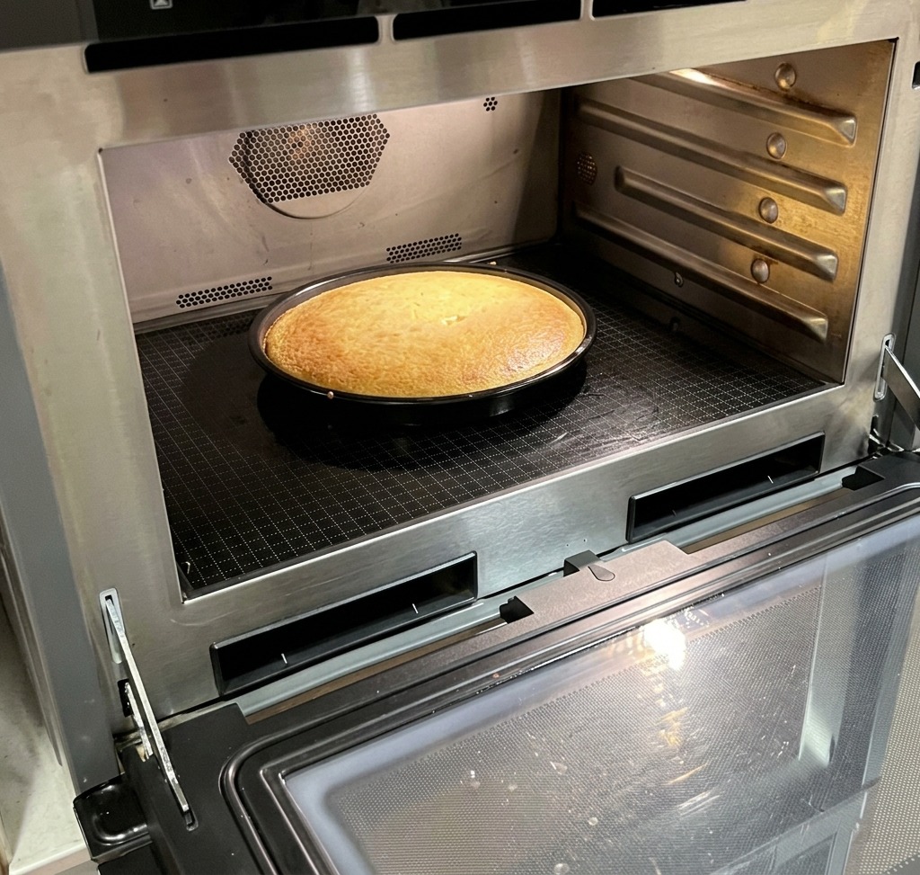 A round, golden-brown cornbread sitting in a baking pan inside an oven, ready to be tested for doneness.