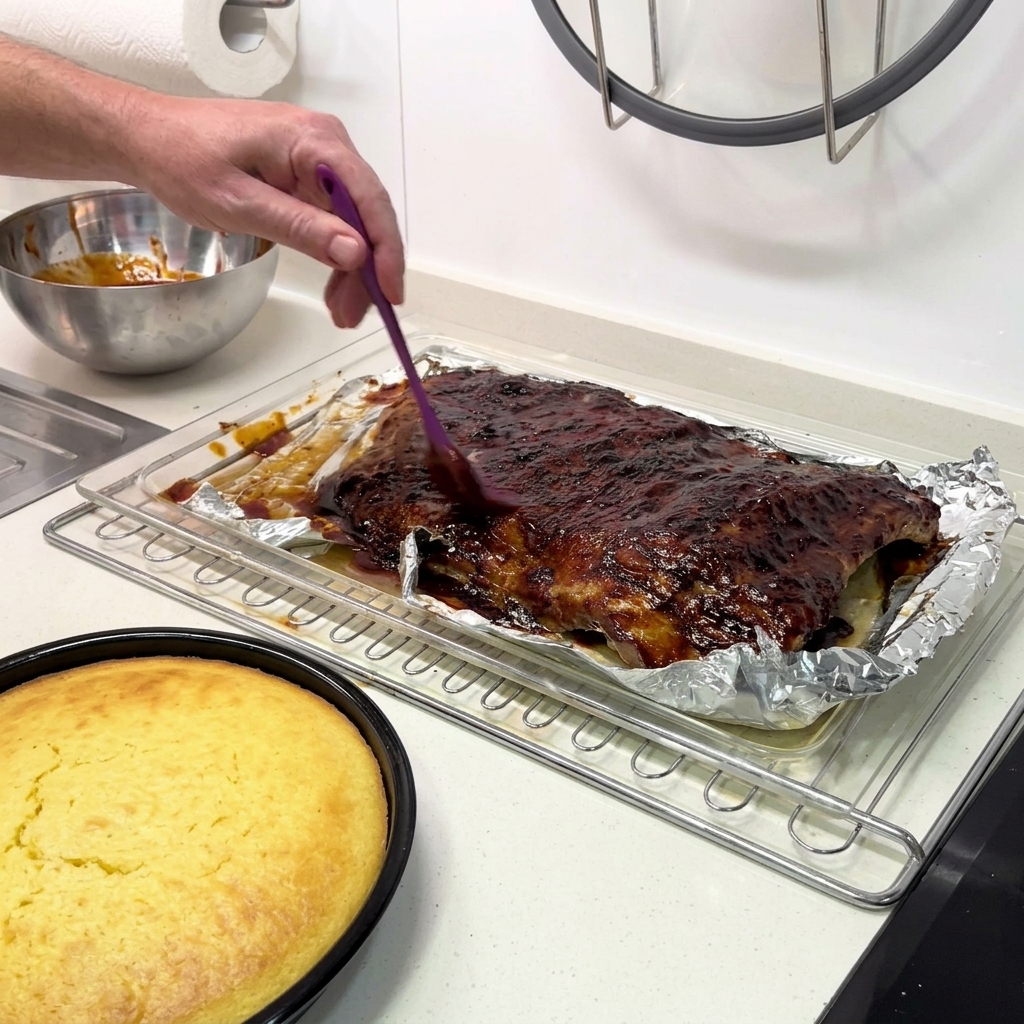 A hand using a purple silicone brush to apply a thick, glossy BBQ sauce to a large slab of ribs on a wire rack.
