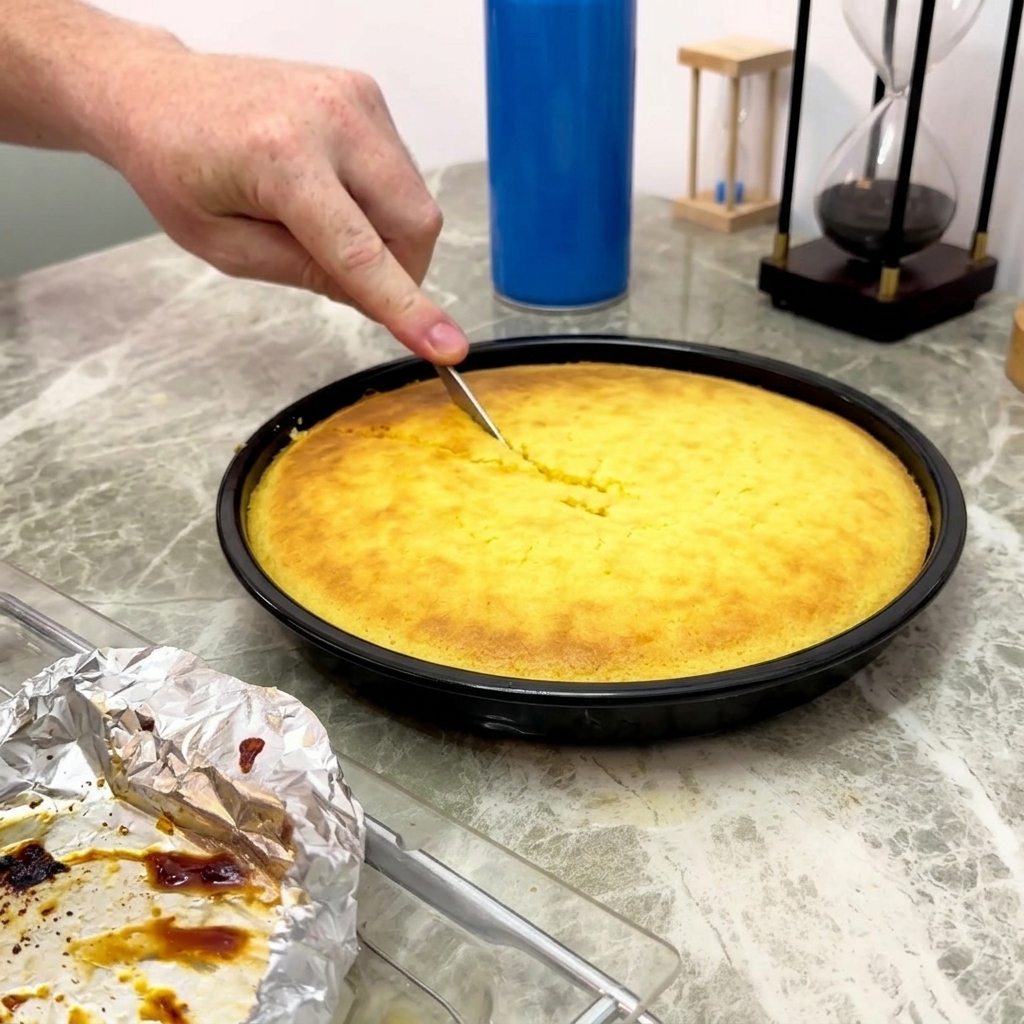 A hand using a knife to cut a round, yellow cornbread into triangular wedges on a marble countertop.