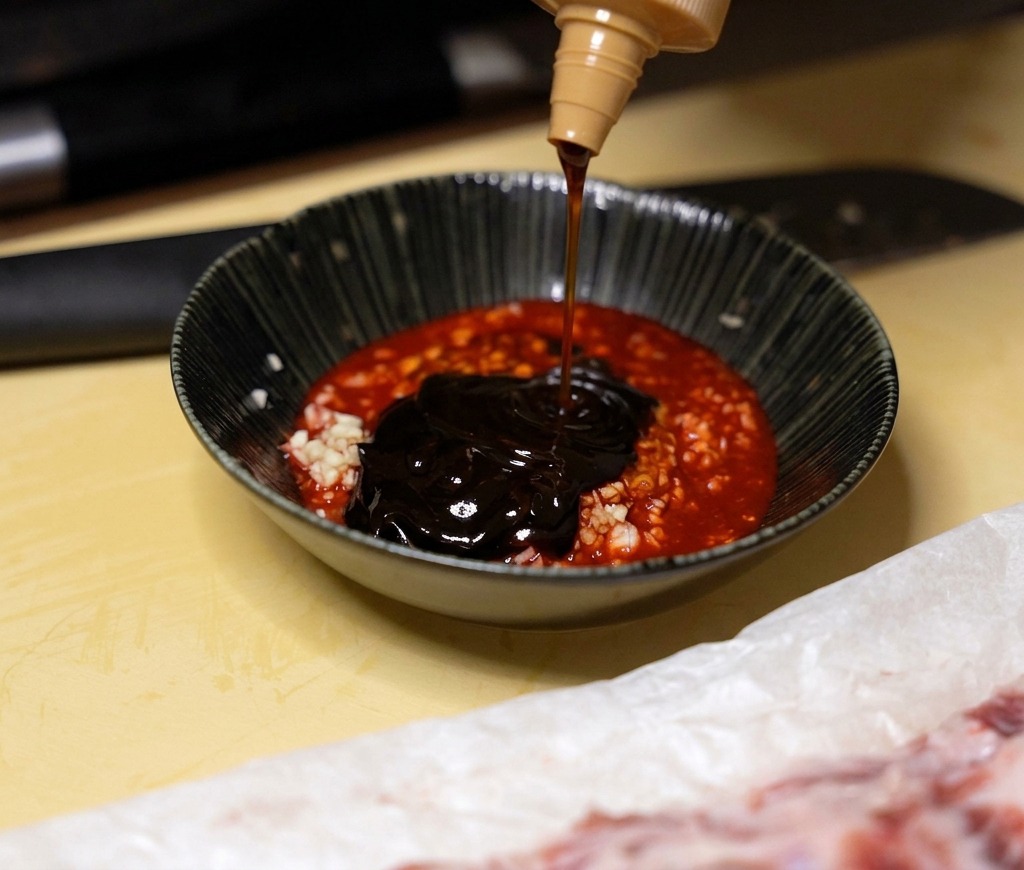 Dark chu hou paste being squeezed from a bottle into a bowl containing a red marinade base and garlic.