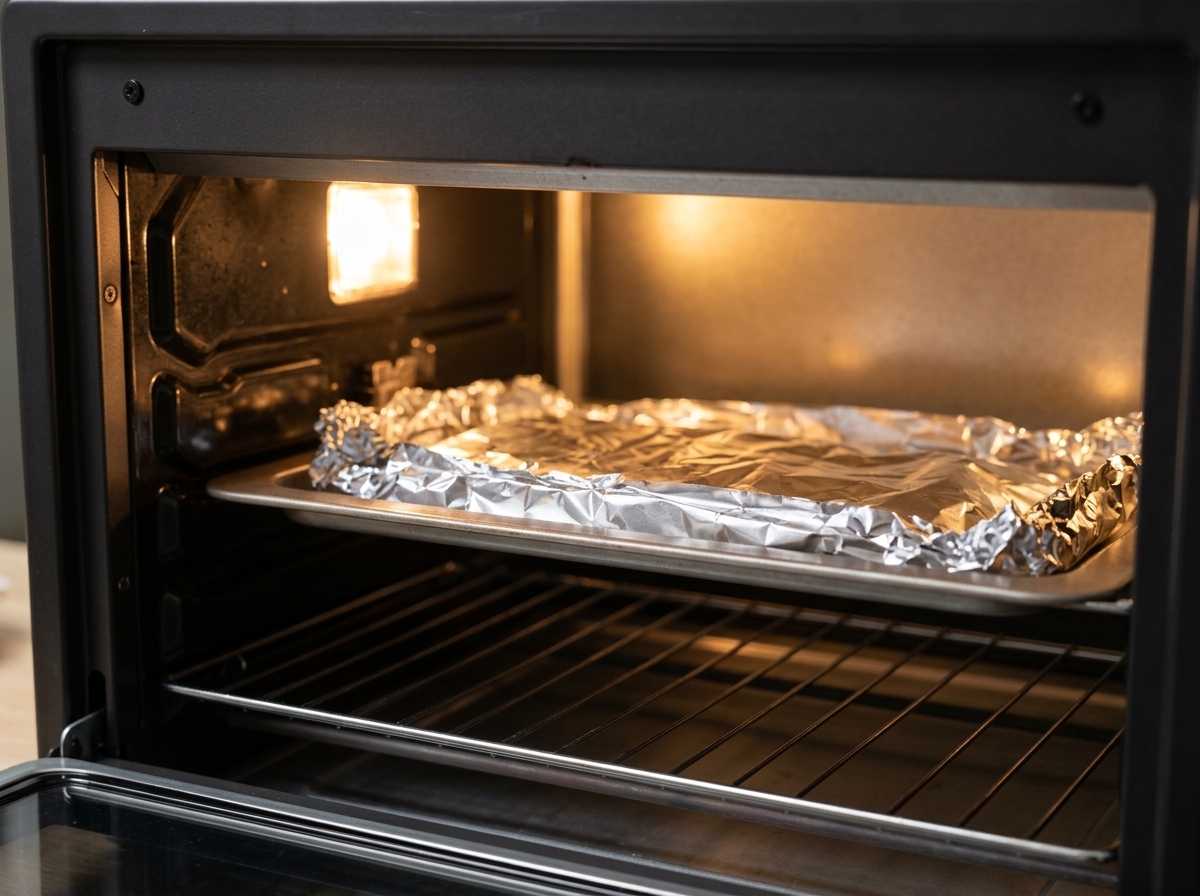 A foil-wrapped baking tray placed inside a hot oven.