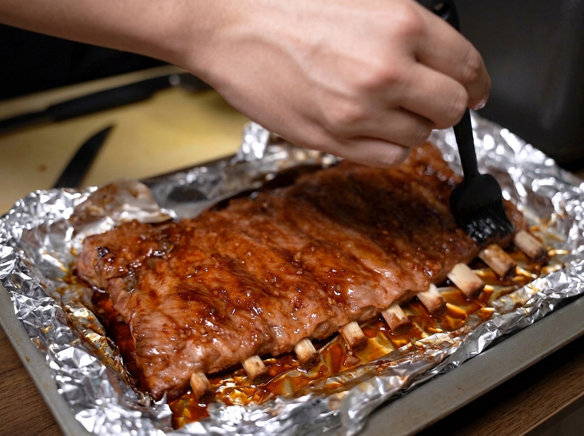 A hand using a black silicone brush to spread a shiny honey glaze over a rack of roasted pork ribs resting on aluminum foil.