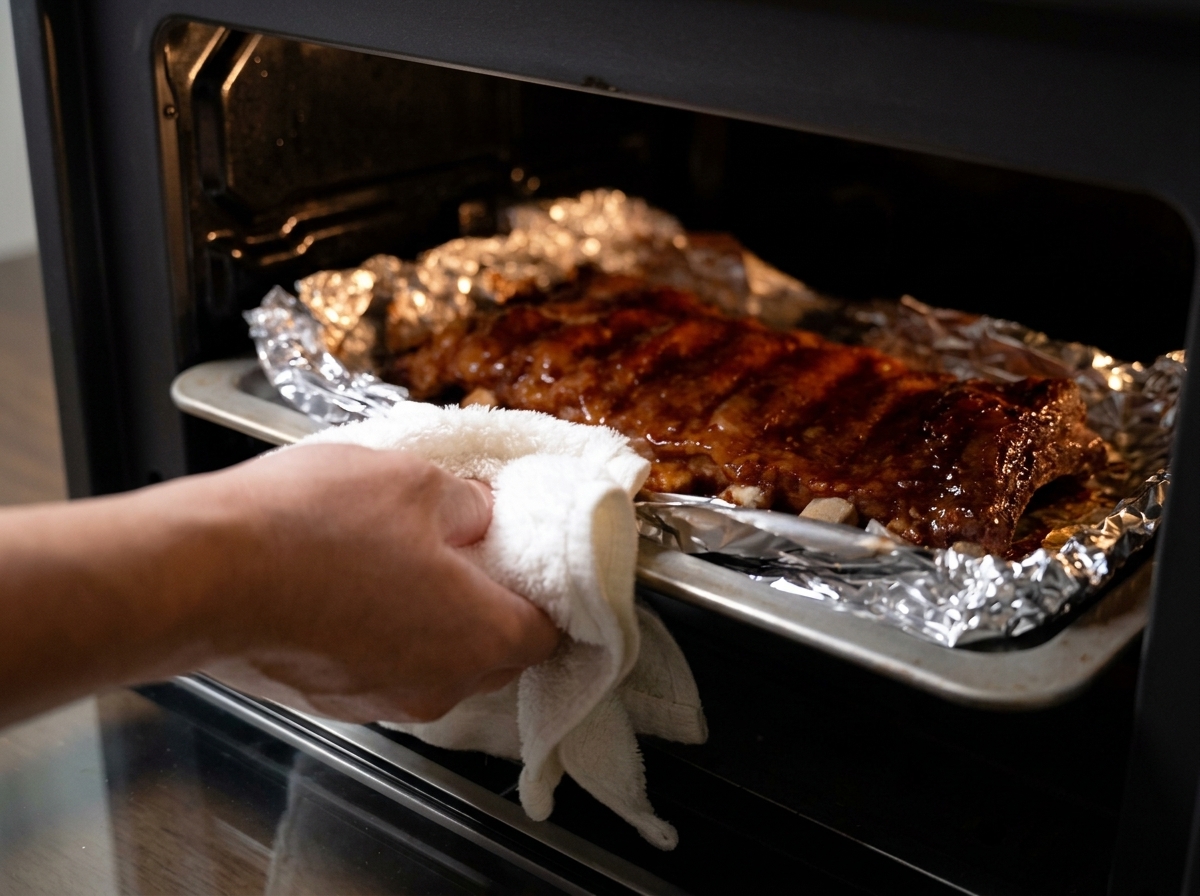 A baking tray of uncovered, glistening honey-glazed pork ribs being placed into a hot oven with a white towel.