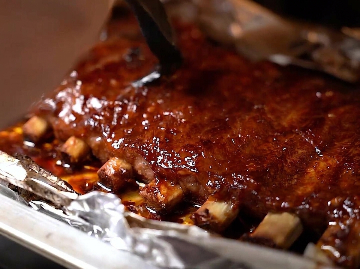 A close-up view of a silicone brush spreading a thick, glossy layer of honey glaze over a beautifully roasted, charred rack of ribs.