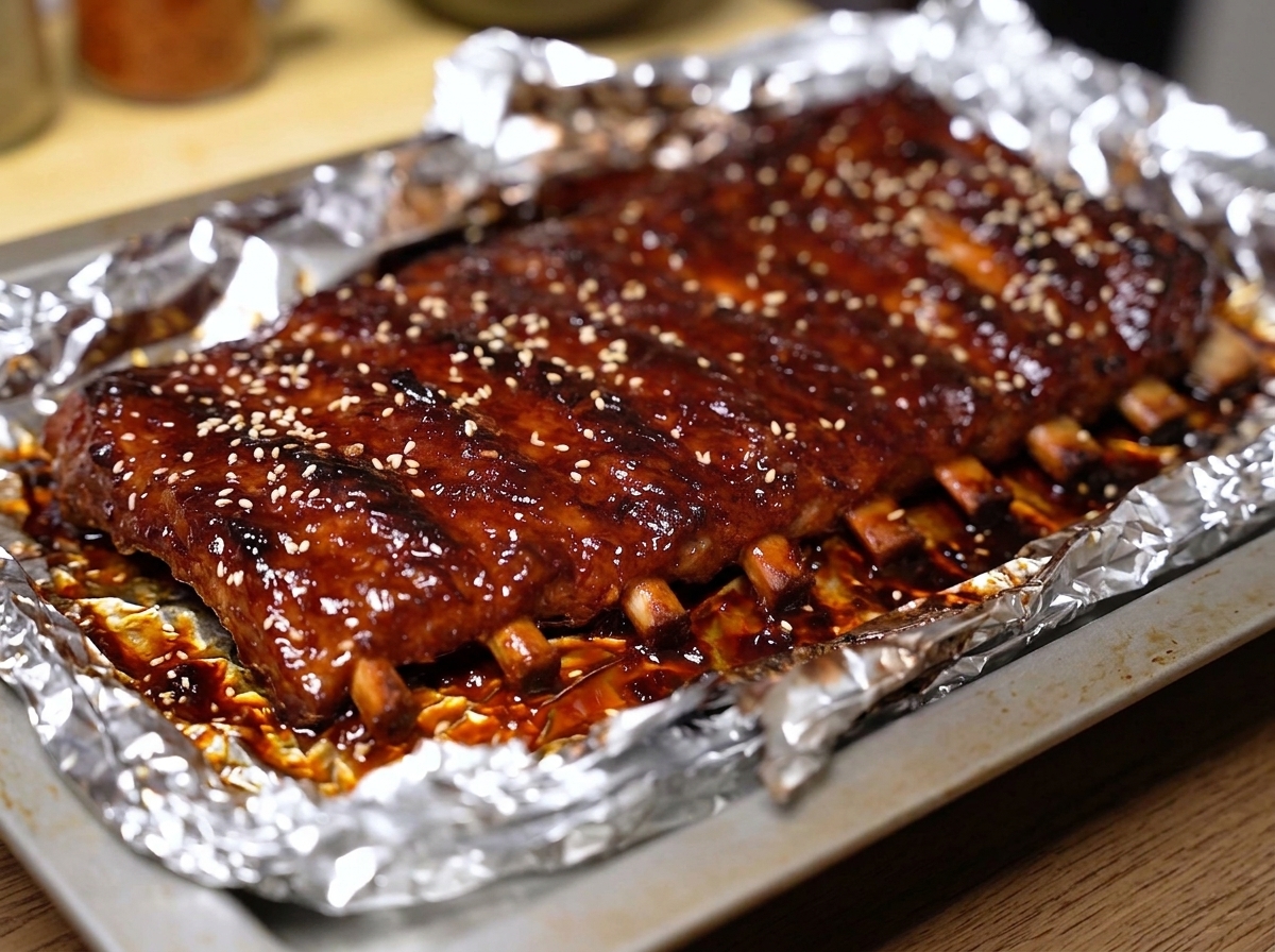 A full rack of sticky, glazed pork ribs topped with white sesame seeds resting on a foil-lined baking sheet.