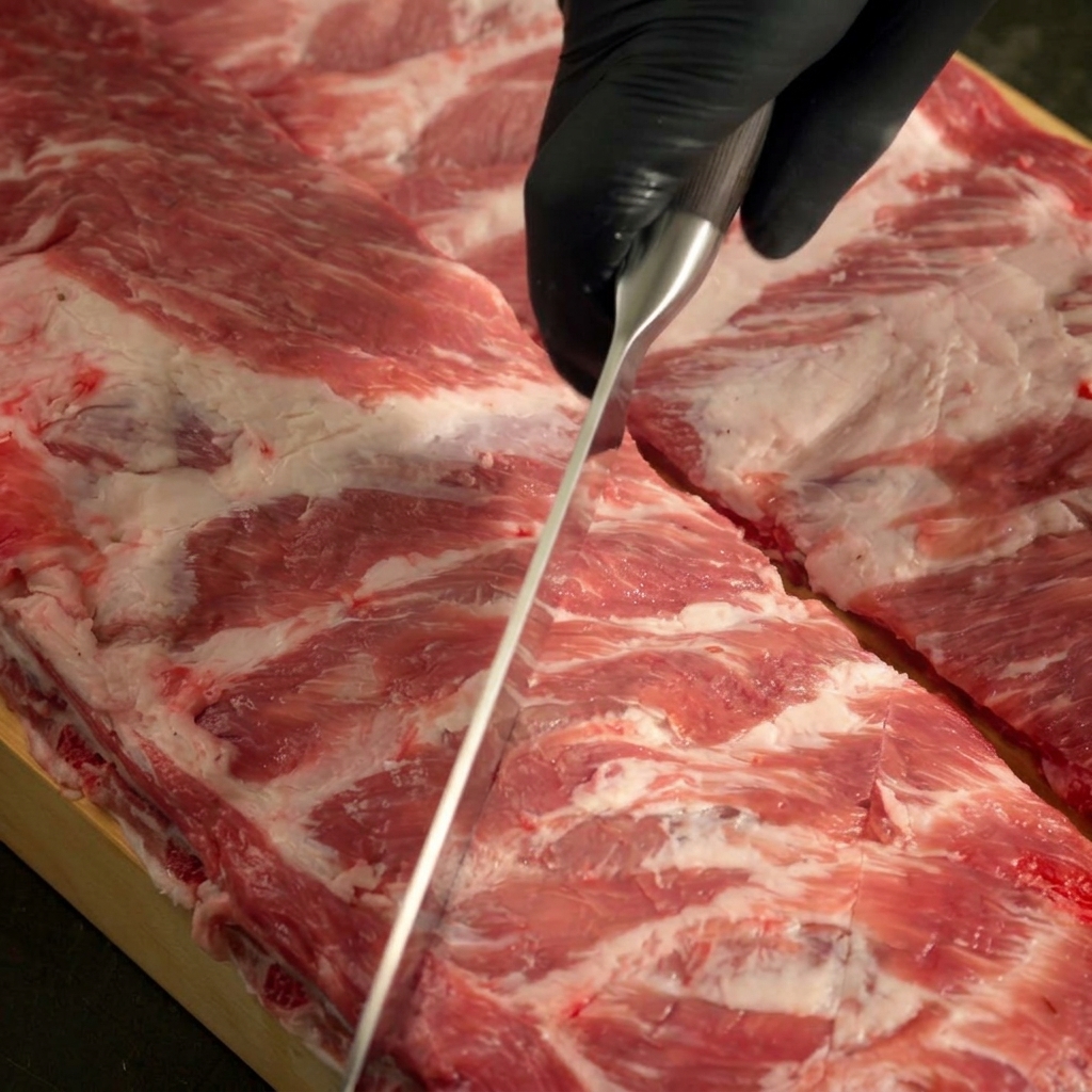 A gloved hand using a knife to score the surface of raw pork ribs on a wooden board.