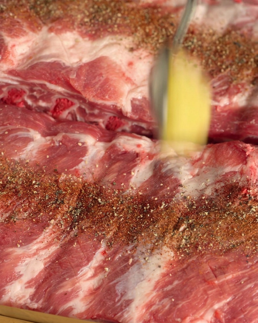 A spoonful of minced garlic being dropped onto raw pork ribs covered in red spices.