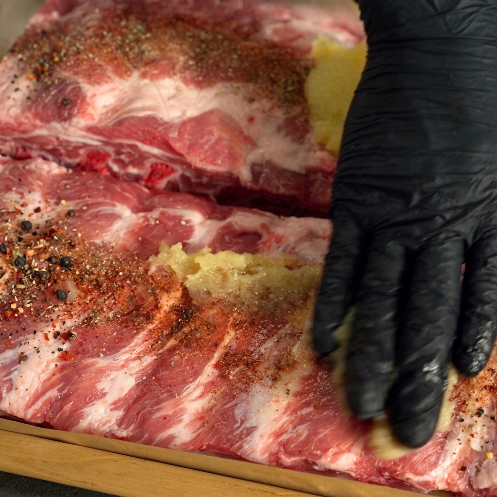 A hand wearing a black glove massaging minced garlic and dry spices into a rack of raw pork ribs.