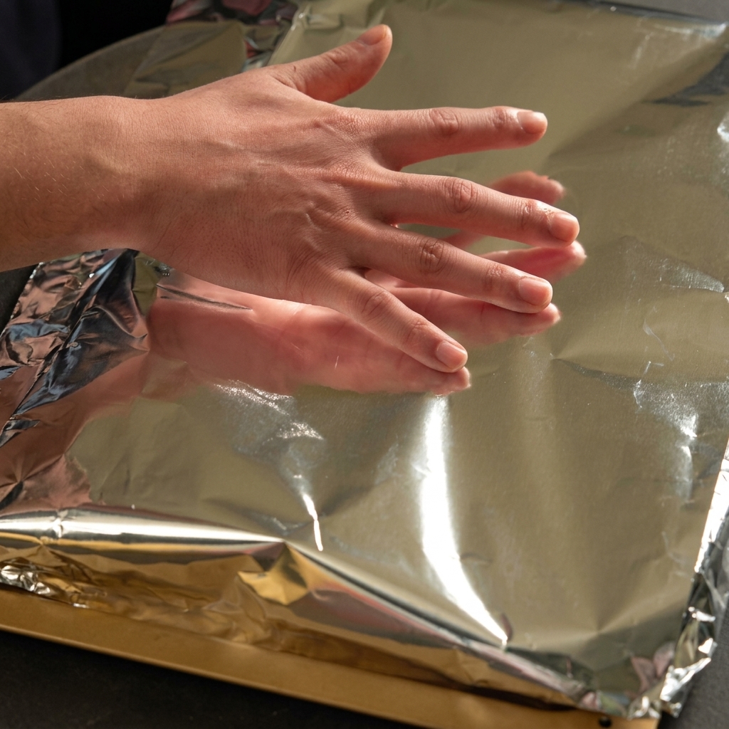 Two hands folding a large sheet of shiny aluminum foil over a rack of seasoned pork ribs.