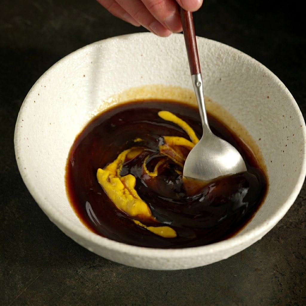 A metal spoon stirring a mixture of thick dark BBQ sauce and yellow mustard in a white ceramic bowl.
