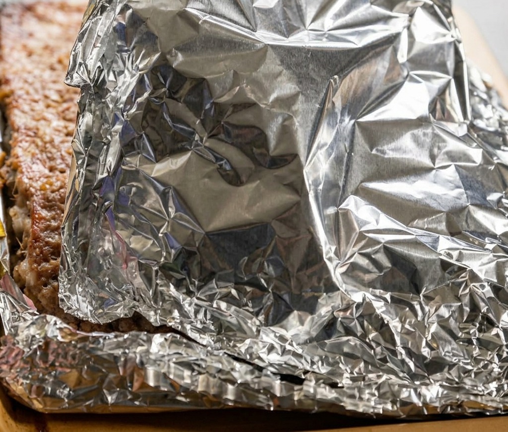 Hand peeling back crinkled aluminum foil to reveal partially cooked, juicy pork ribs on a baking sheet.