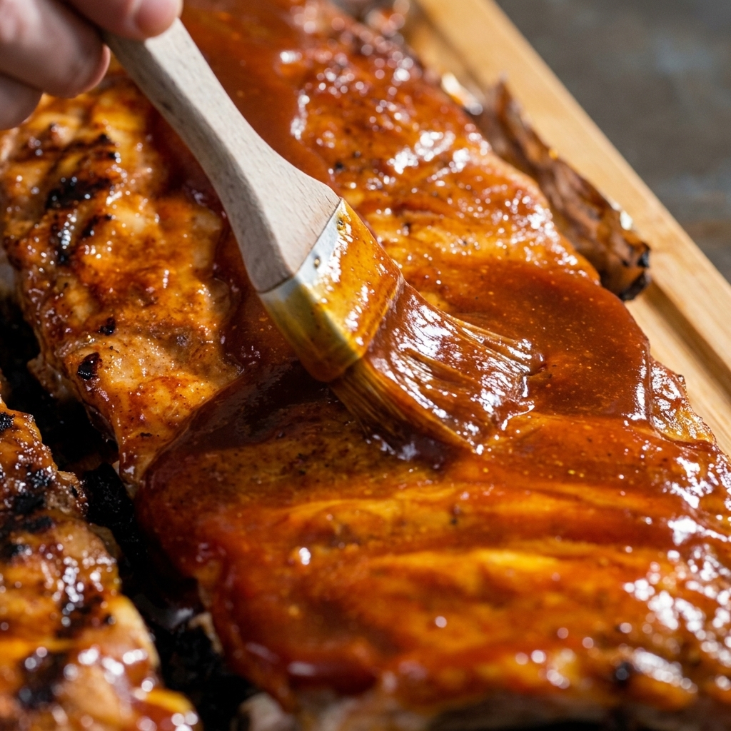 A wooden basting brush spreading a thick, glossy BBQ glaze over the surface of cooked pork ribs on a baking tray.