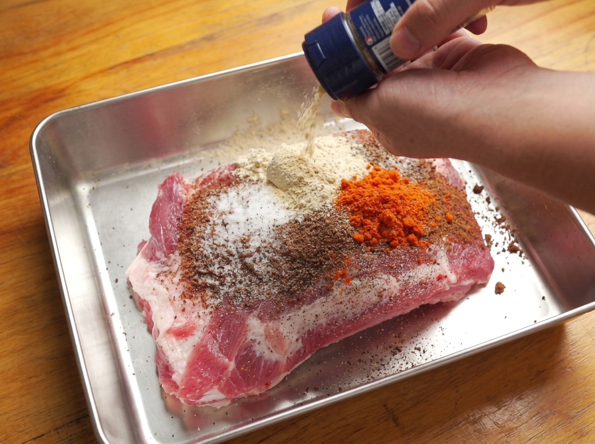 Hands sprinkling dry spices and mustard powder over a large piece of raw pork ribs in a metal tray.