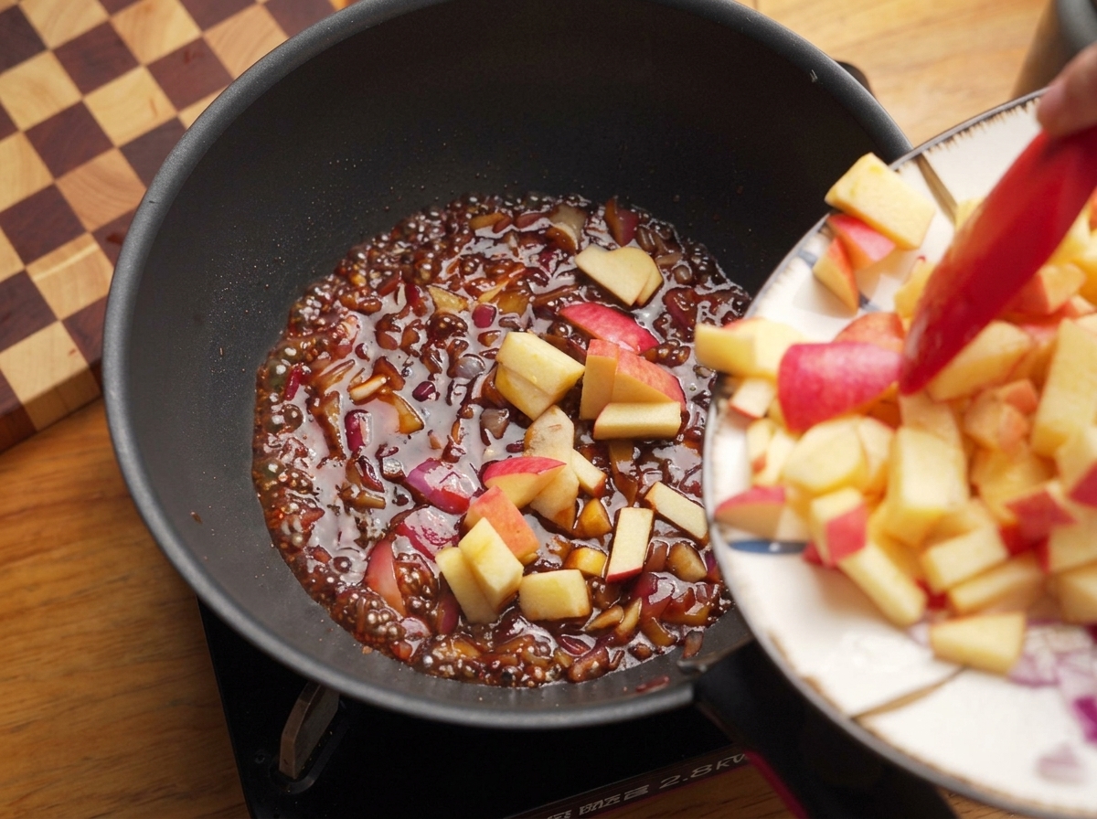 Sliding chopped apple chunks from a plate into a pan of simmering dark barbecue sauce.