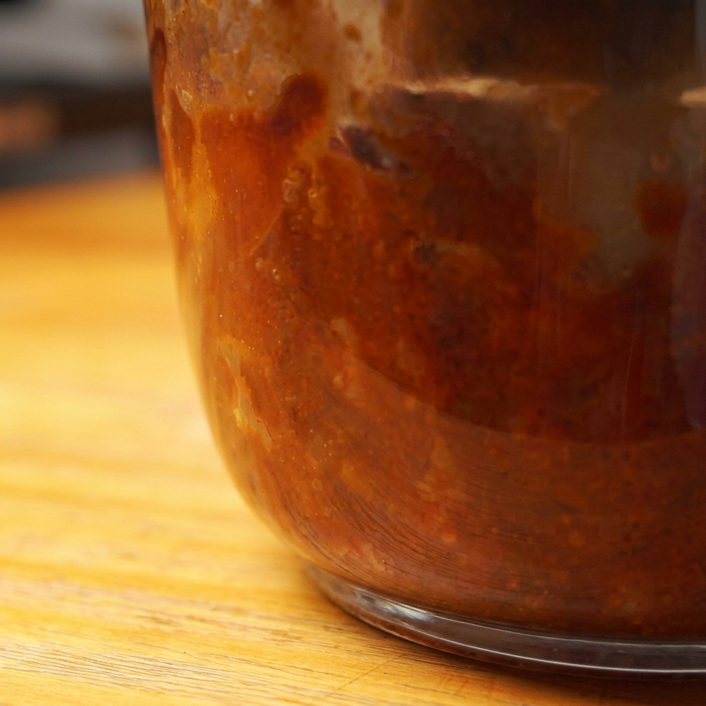 Thick, red blended apple barbecue sauce inside a clear blending container.