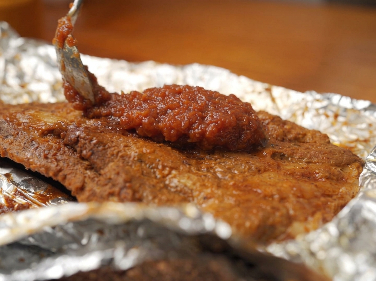 A metal spoon dolloping thick, red apple barbecue sauce over partially roasted baby back ribs on tin foil.