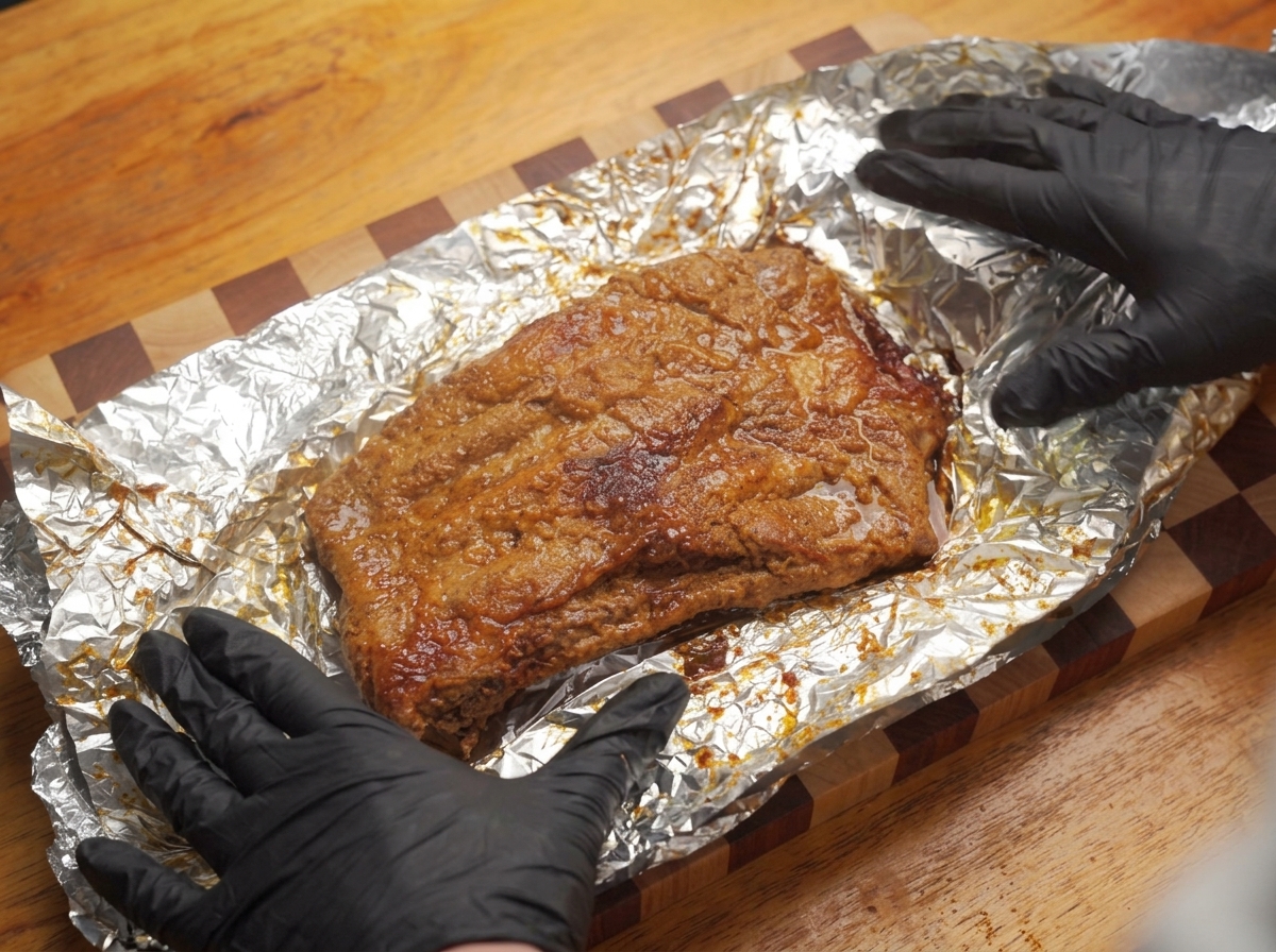 Gloved hands carefully handling foil-wrapped ribs that are coated in a rich, red apple barbecue sauce.