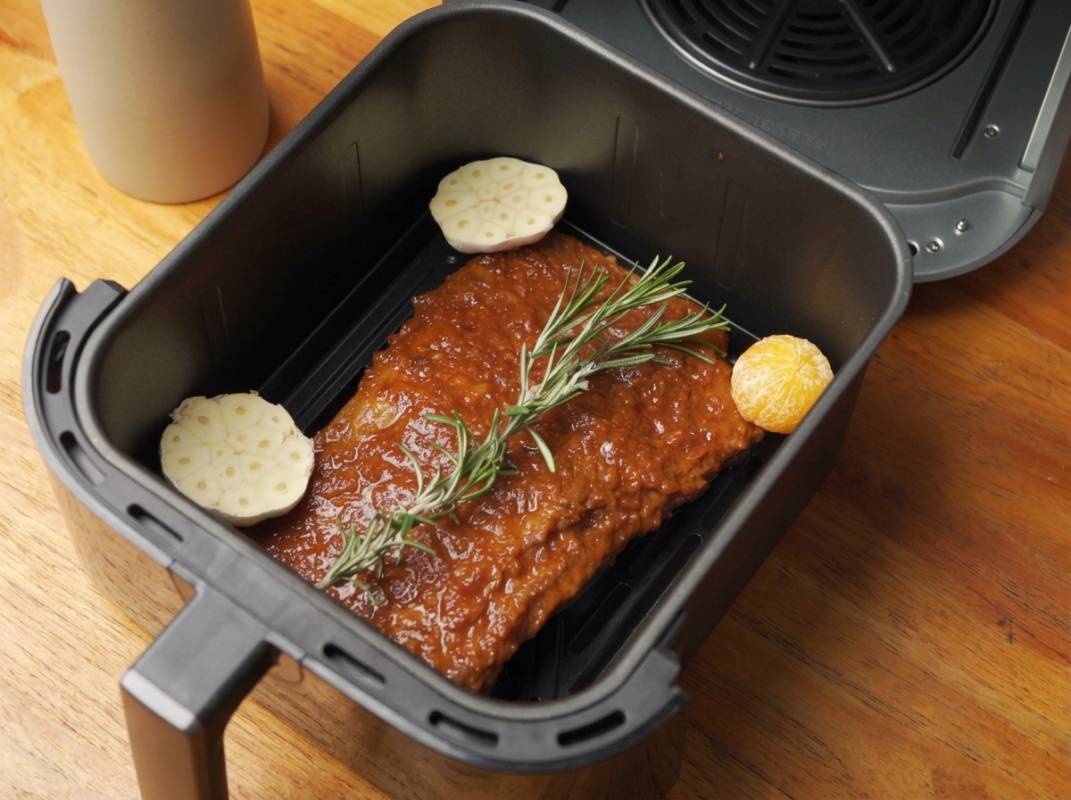 Sauce coated ribs resting inside a black air fryer basket, garnished with fresh rosemary sprigs, sliced lotus root, and an orange half.