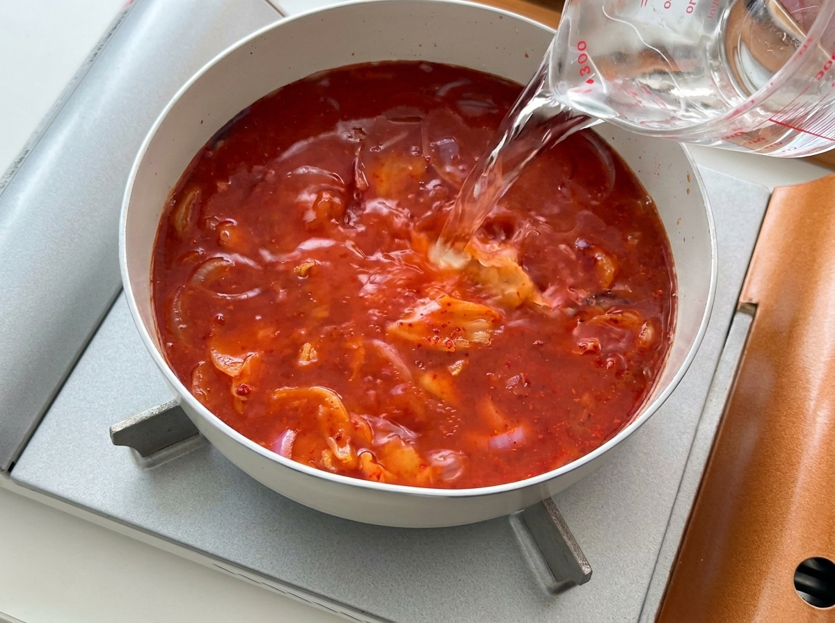 Clear water being poured from a measuring cup into a pan with spicy red broth, onions, and kimchi.