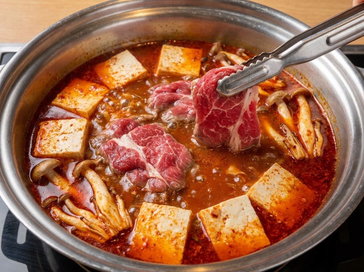 Metal tongs placing thin slices of raw beef into a bubbling hot pot filled with red broth, tofu, and mushrooms.