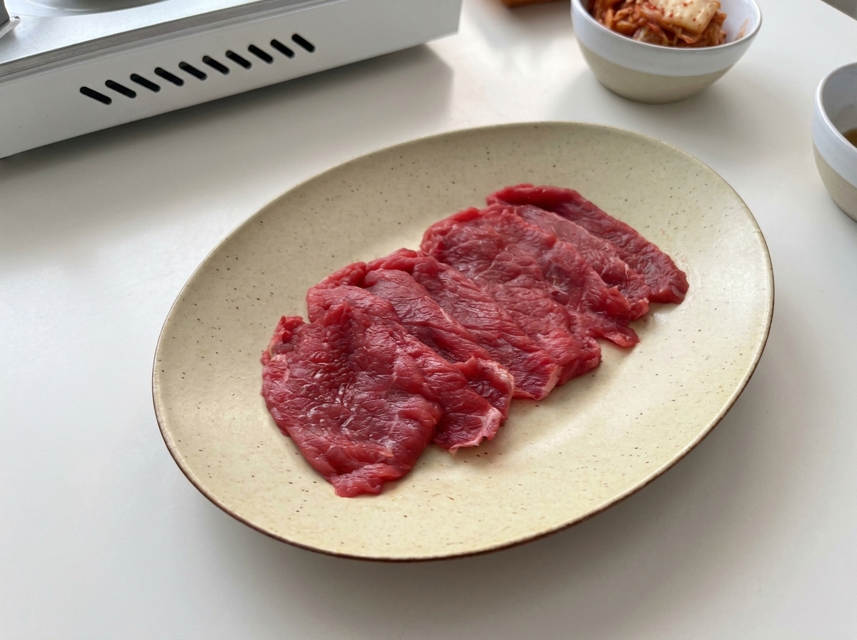 Thinly sliced raw beef arranged neatly on an oval ceramic plate.