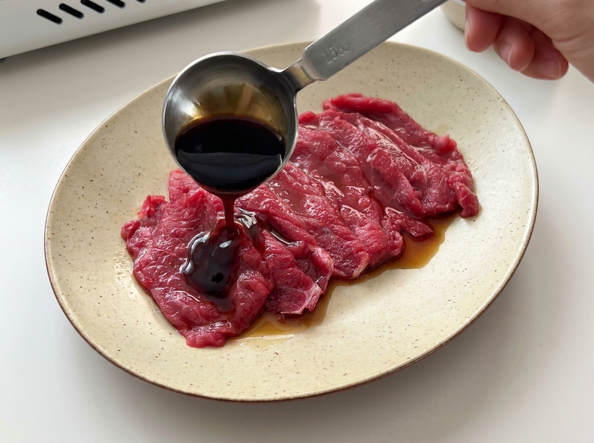 A metal measuring spoon pouring dark soy sauce and oyster sauce over raw beef slices on a plate.