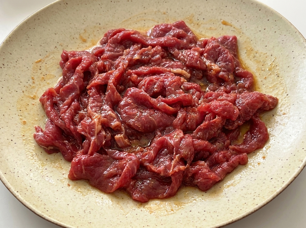 Raw beef slices completely coated in a glossy dark marinade of soy sauce, oyster sauce, and cornstarch.