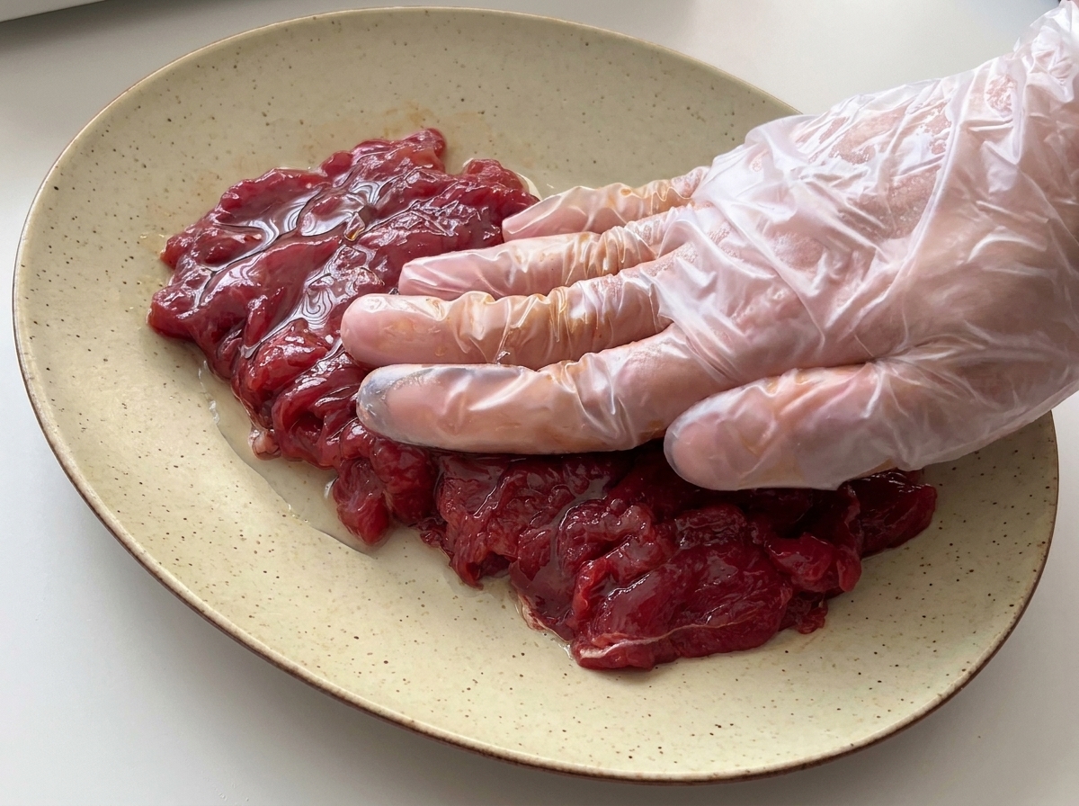 A hand wearing a clear plastic glove pressing marinated raw beef slices flat against a ceramic plate.