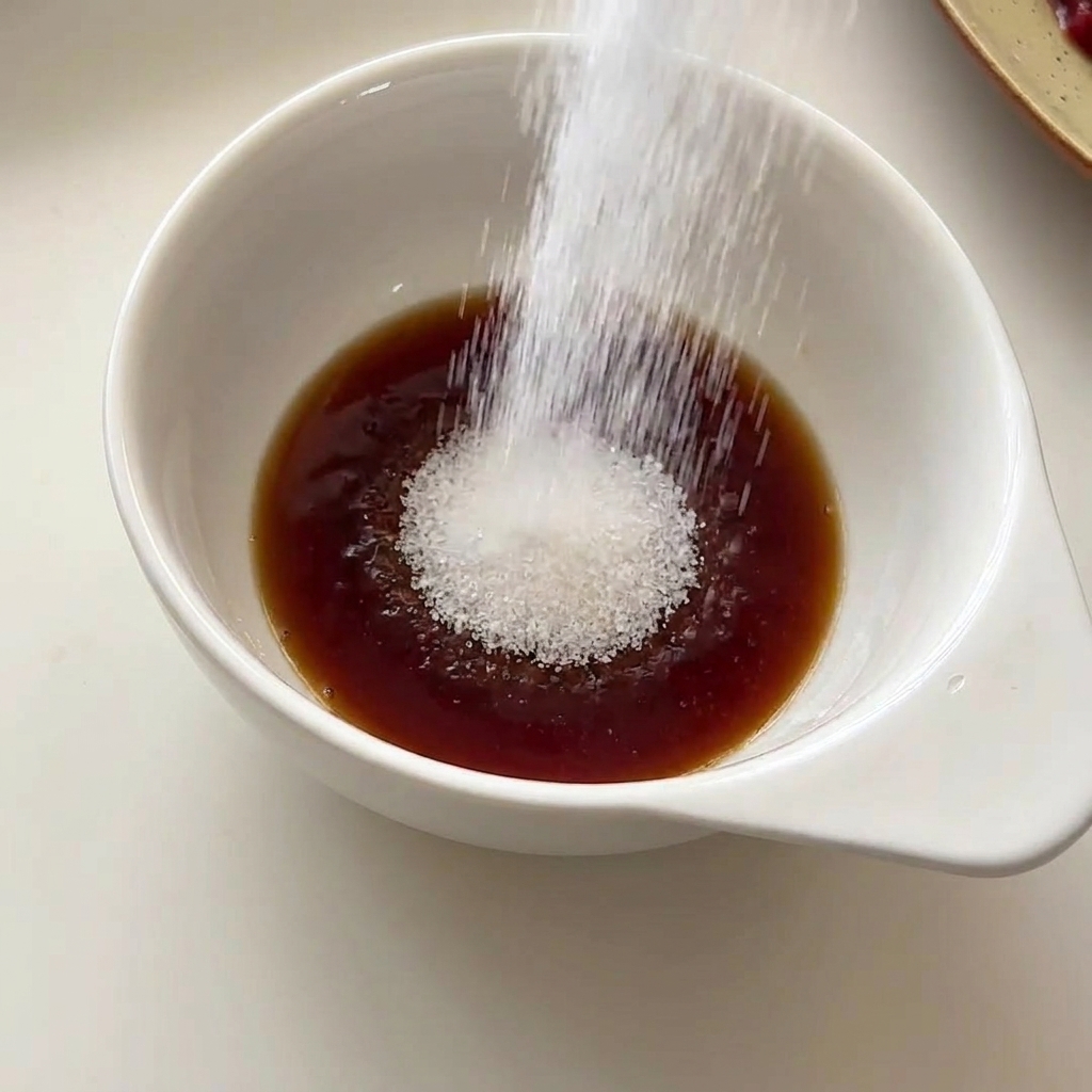 White sugar being poured heavily into a small white bowl containing dark soy sauce.