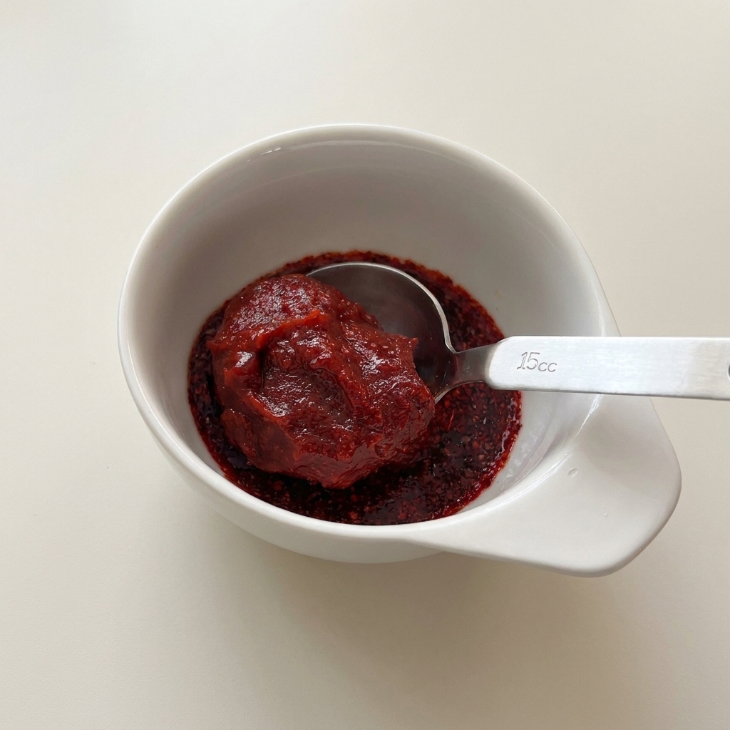 A metal measuring spoon holding a dollop of thick, dark red Korean chili paste resting in a small white bowl.