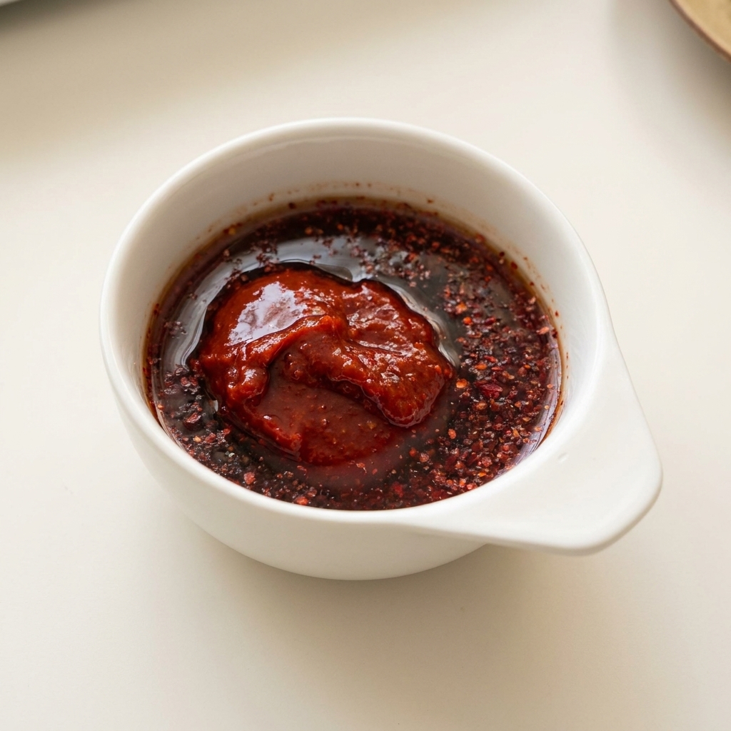 A small white bowl containing Korean chili paste, chili powder, and dark liquid.