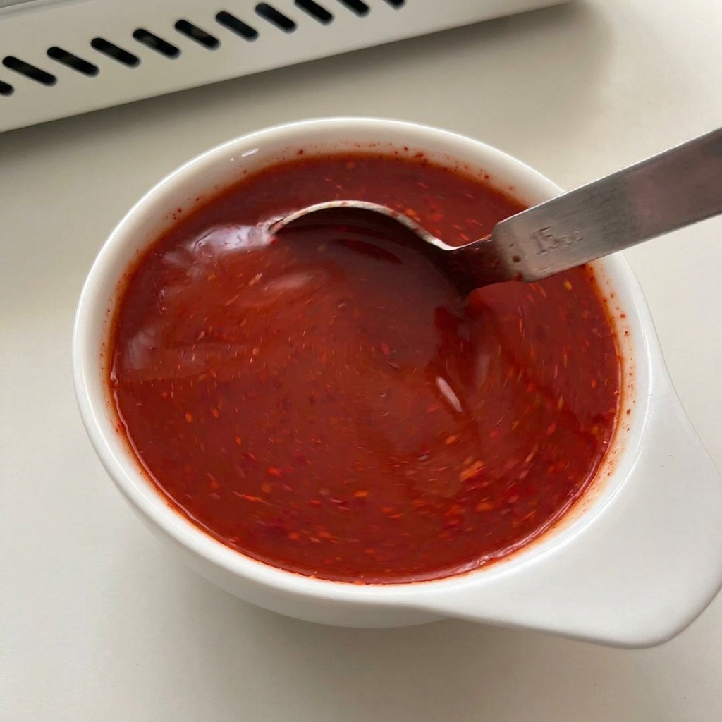 A bright red chili sauce being stirred evenly with a metal spoon in a white bowl.