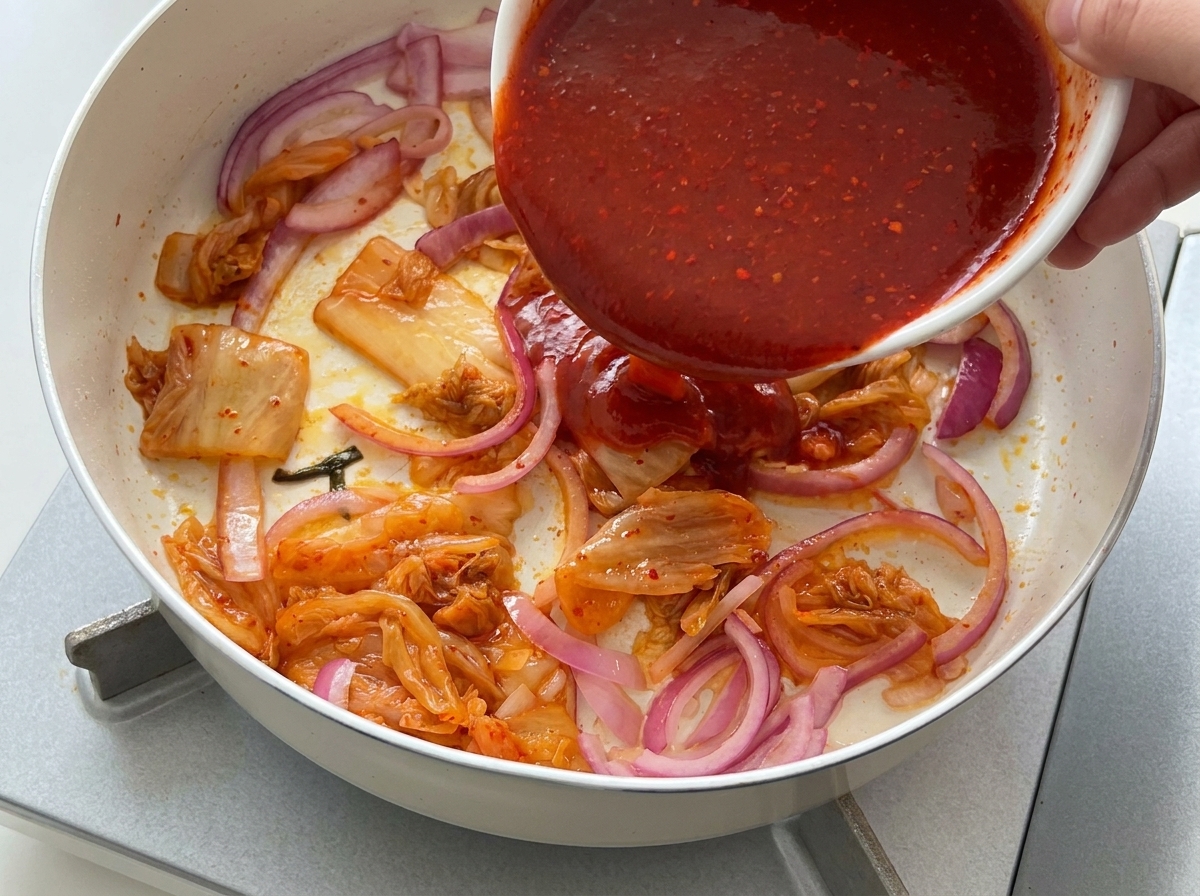 Bright red chili sauce being poured from a white bowl over a mixture of sautéed onions and kimchi in a pan.