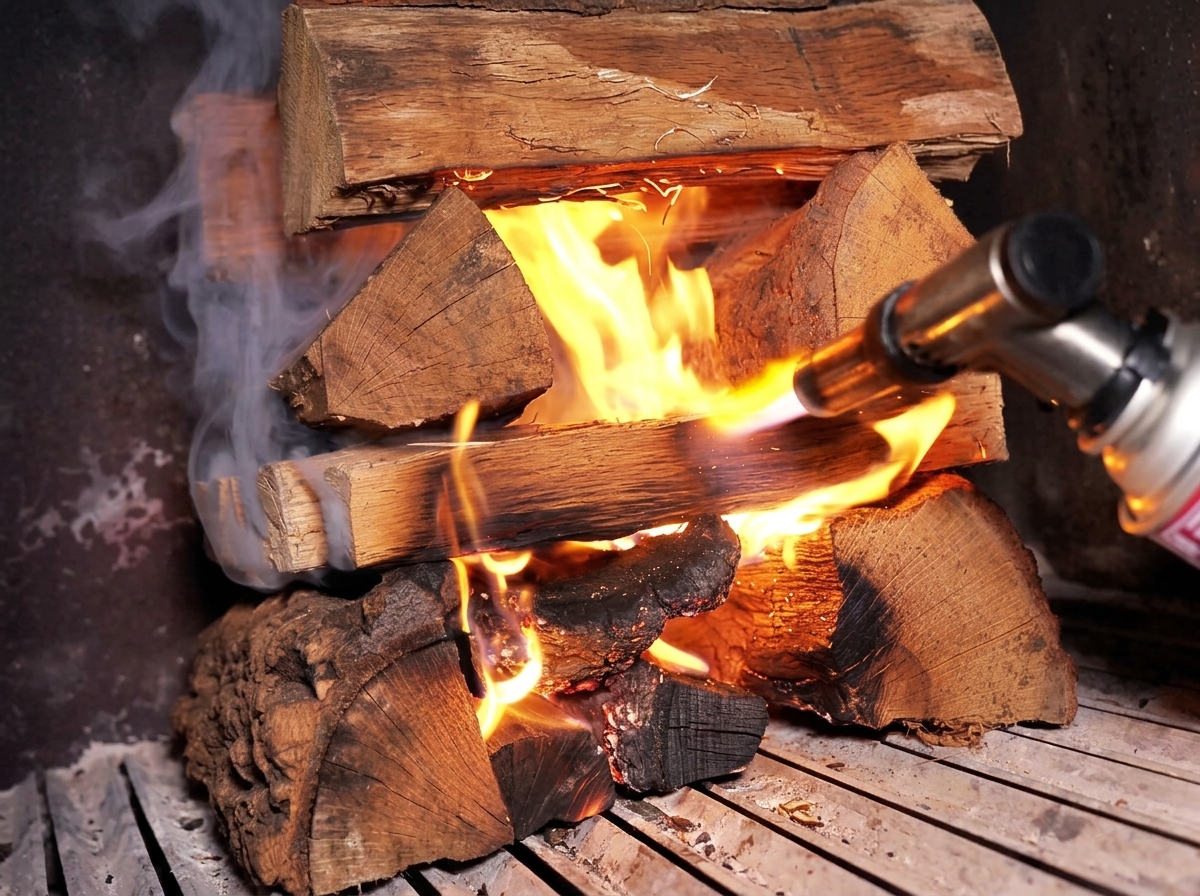 A blowtorch igniting a stack of wood logs inside the firebox of a barbecue smoker.
