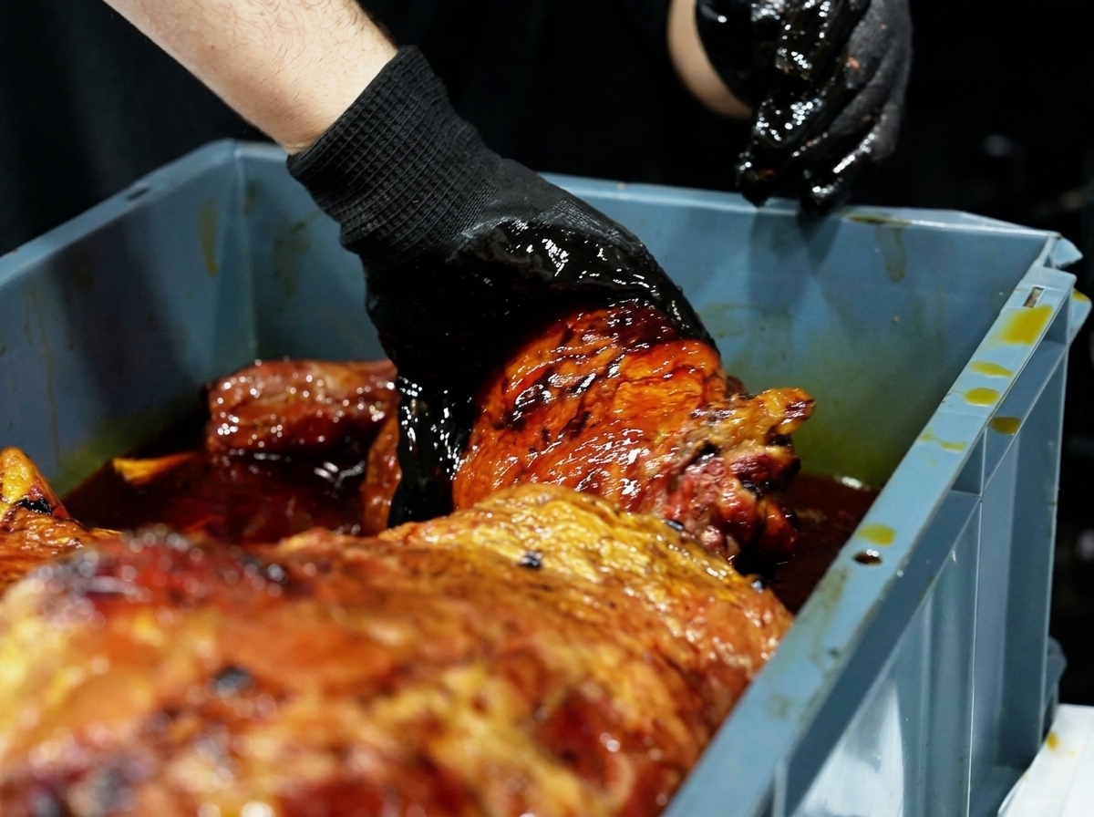 Gloved hands placing a large cut of smoked beef into a plastic tub filled with a dark reddish liquid marinade.