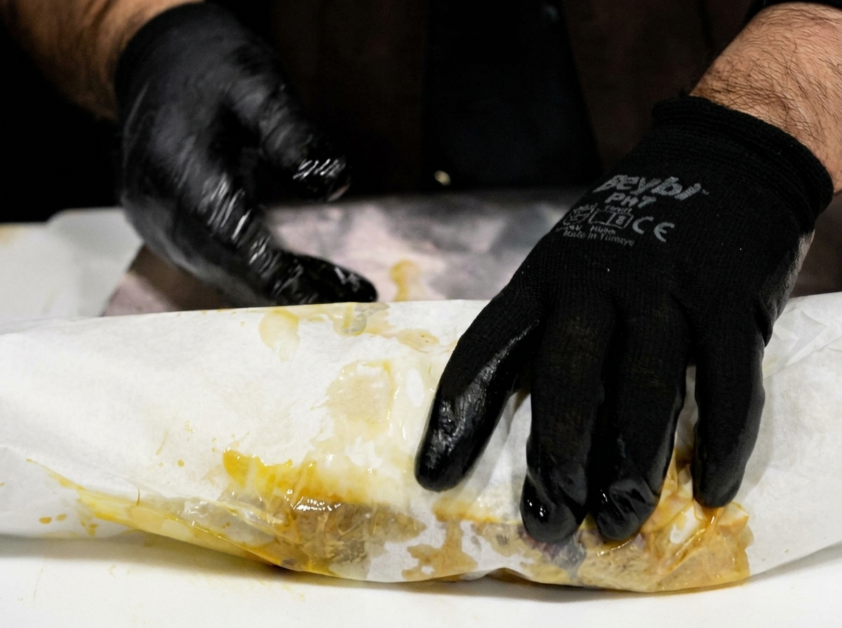 Gloved hands tightly folding white butcher paper over a piece of marinated meat on a white surface
