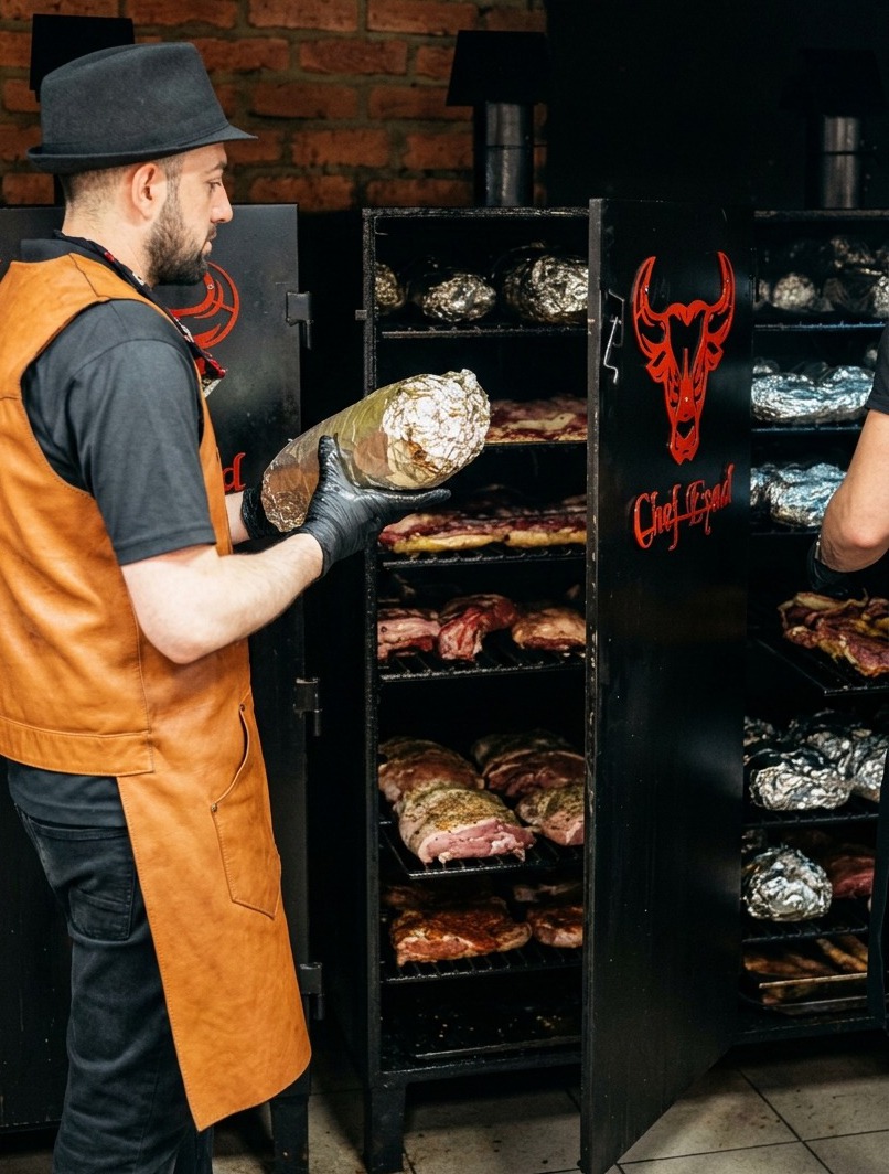 A chef in a leather apron placing a large, foil-wrapped piece of beef onto a rack inside a black commercial smoker.