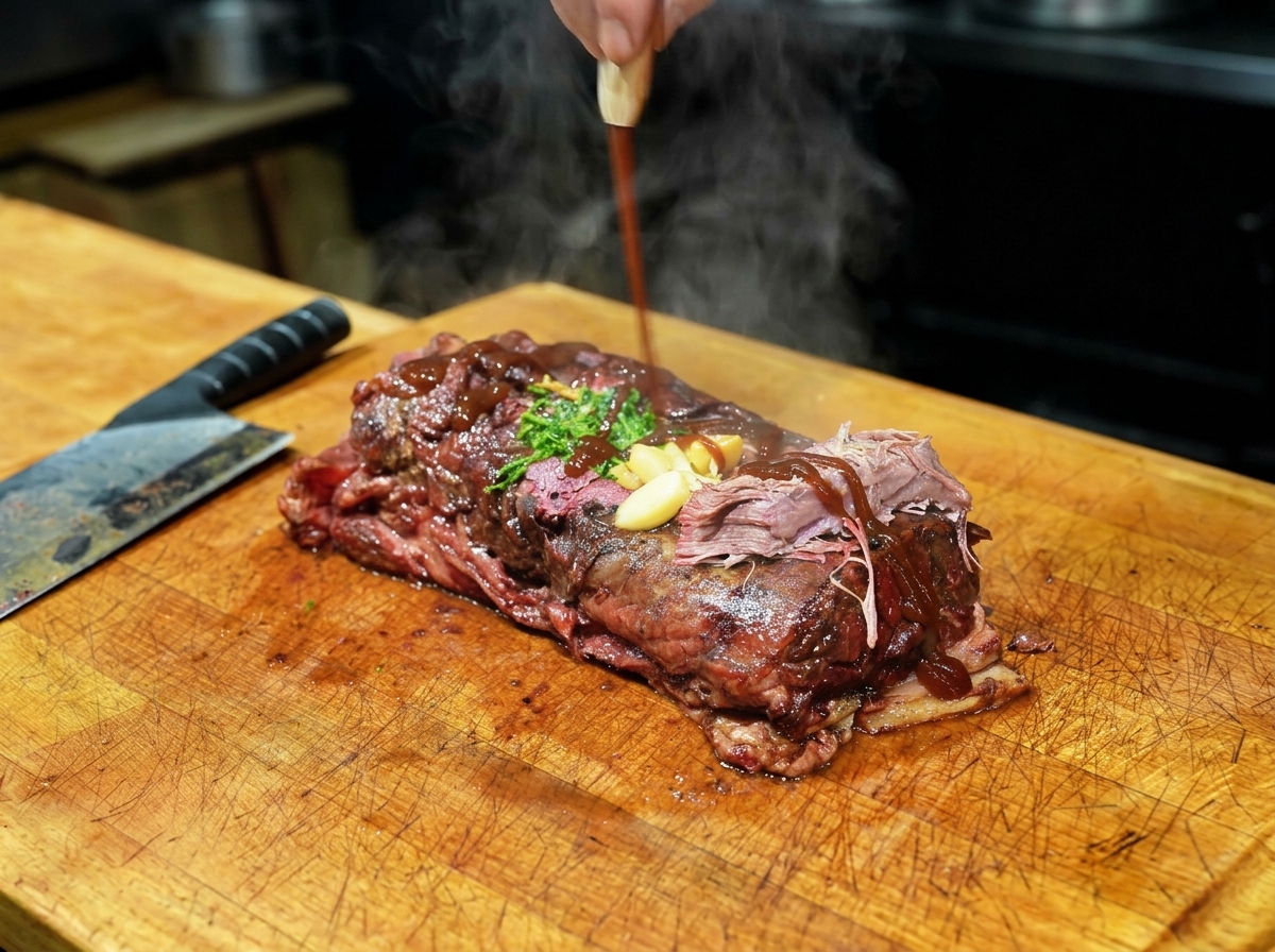A slow smoked beef brisket topped with whole roasted garlic cloves and green herbs being drizzled with dark sauce.