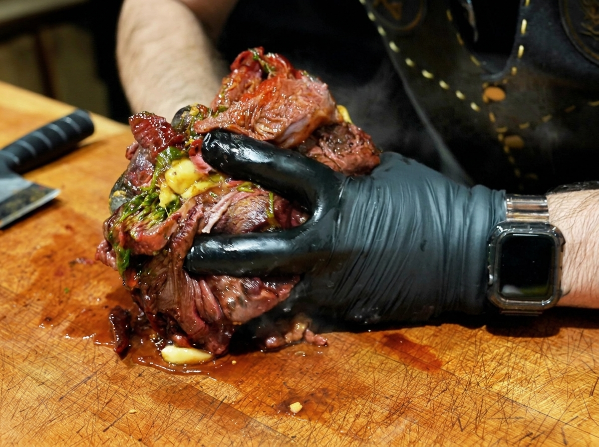 Gloved hands firmly pressing and shredding a highly tender smoked beef brisket mixed with garlic and herbs on a wooden chopping block.