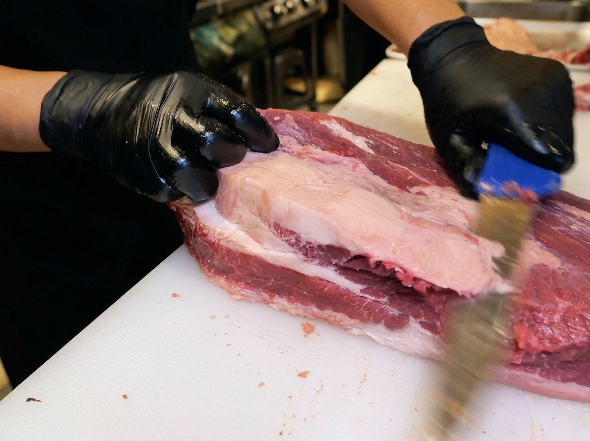 Gloved hands using a knife to trim a thick layer of fat off a large, raw piece of beef.