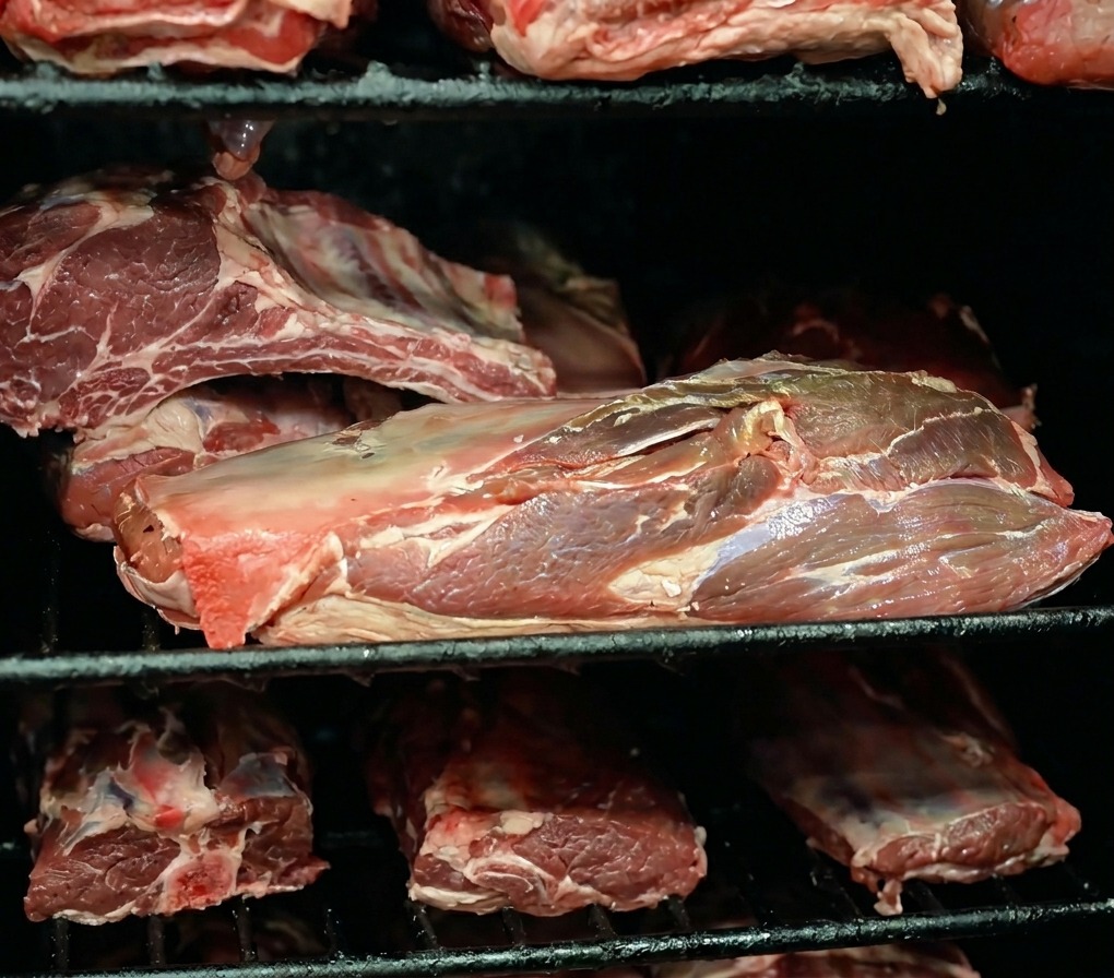 Large, whole raw cuts of beef brisket and ribs placed on the metal racks inside a dark smoker.
