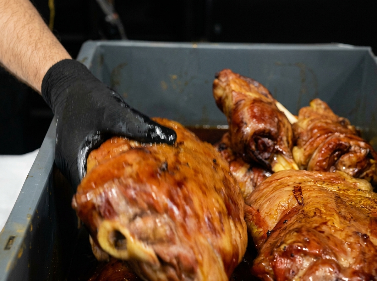 A gloved hand placing a large cut of smoked beef into a gray tub filled with dark liquid marinade.