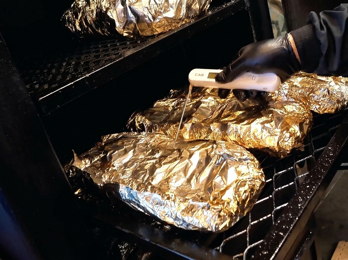 A gloved hand inserting a digital meat thermometer probe through aluminum foil into a large piece of meat inside a black smoker.