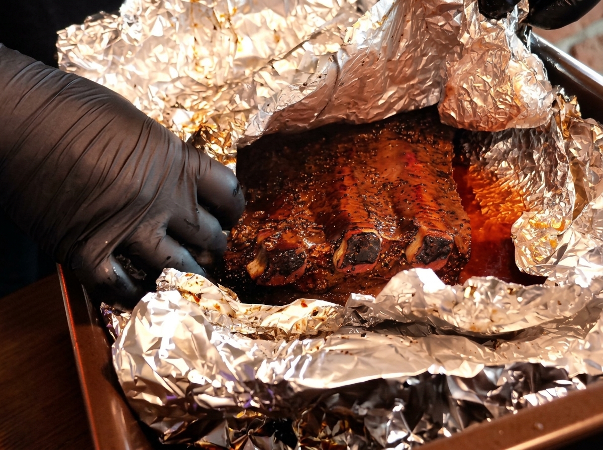 Gloved hands tearing open aluminum foil to expose perfectly smoked beef ribs with a rich, dark crust.