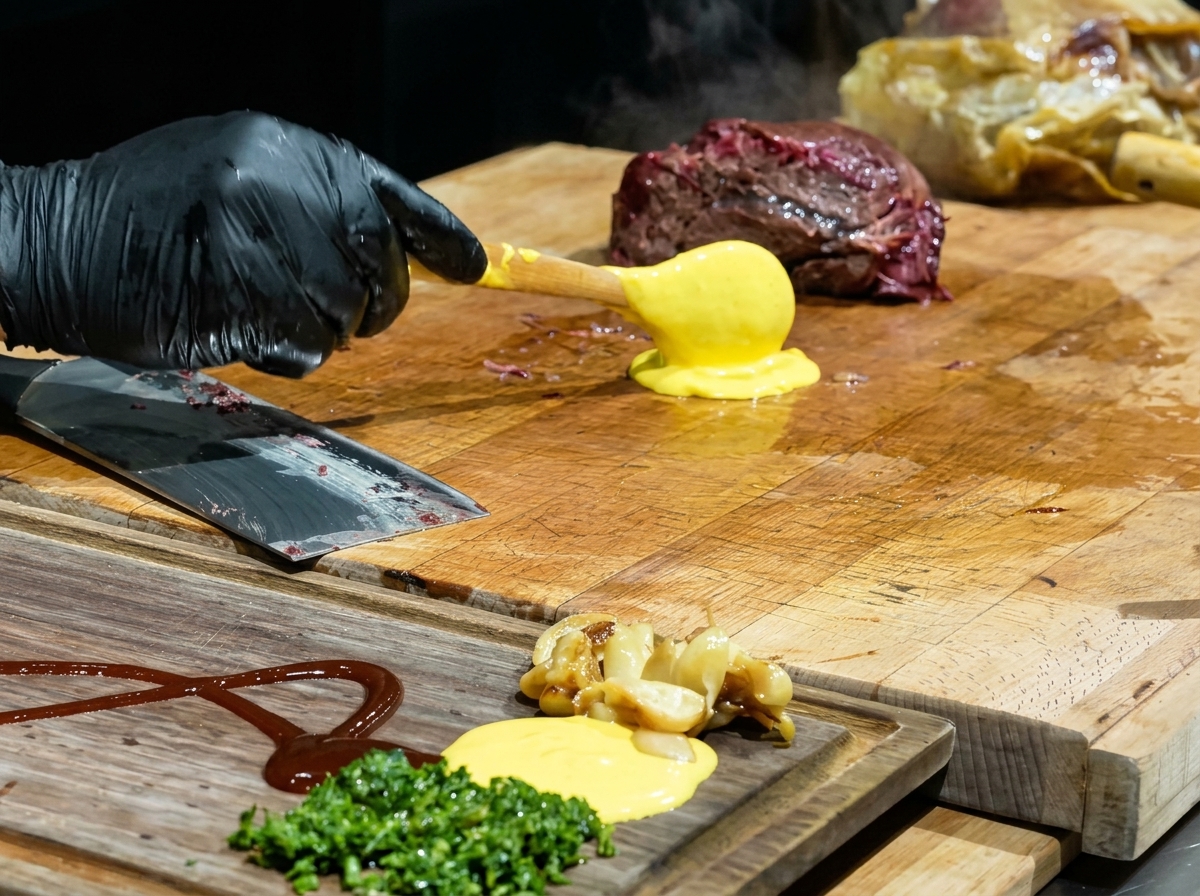 A person in black gloves using a wooden spoon to spread a circular pool of bright yellow melted cheese onto a large wooden board.