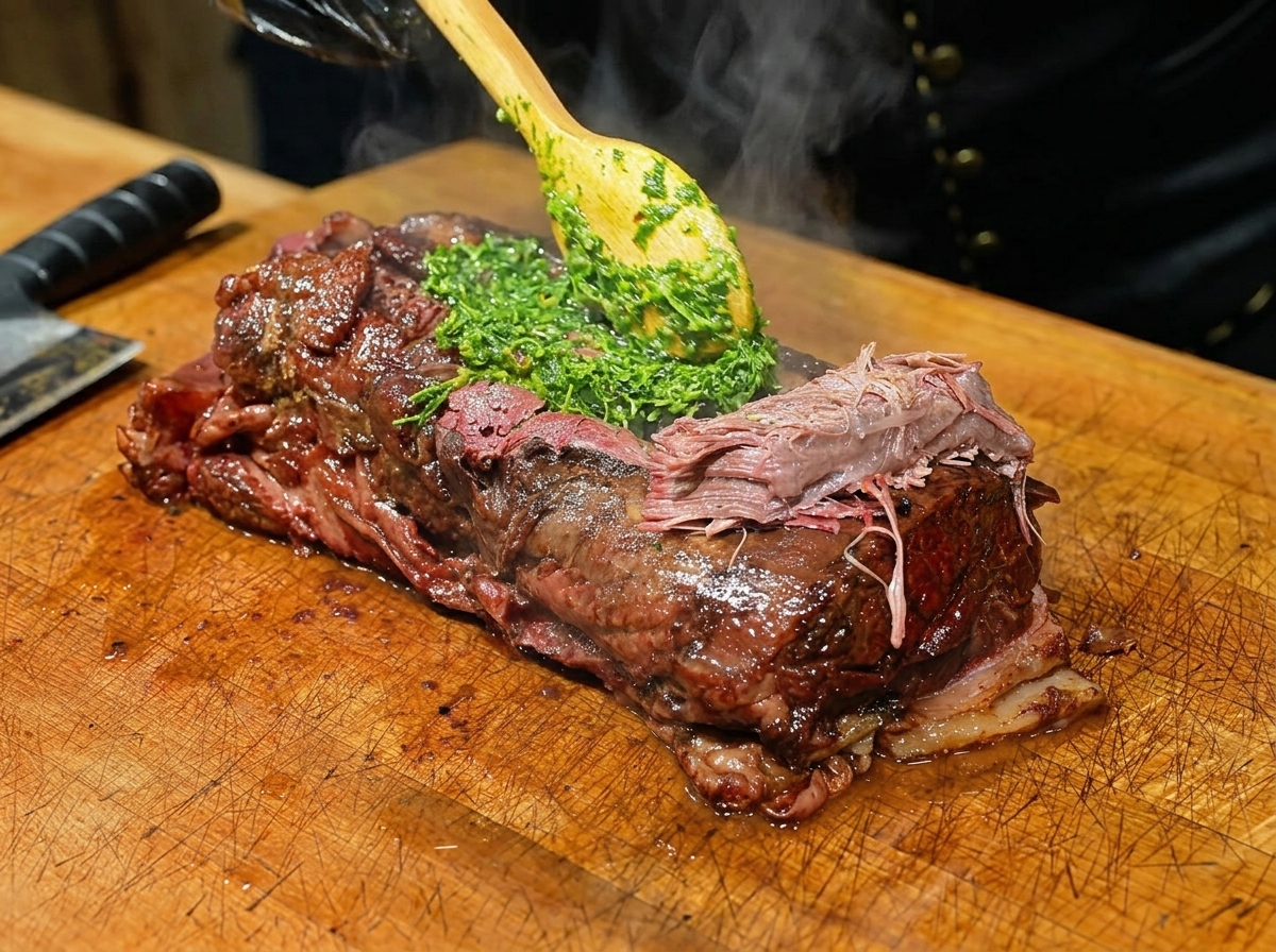 A wooden spoon spreading a thick layer of bright green herb paste over a large, steaming piece of dark smoked beef topped with garlic.
