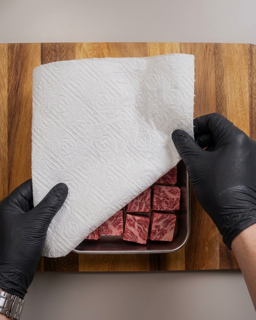 Gloved hands holding a white paper towel over pieces of raw, marbled beef inside a metal tray.