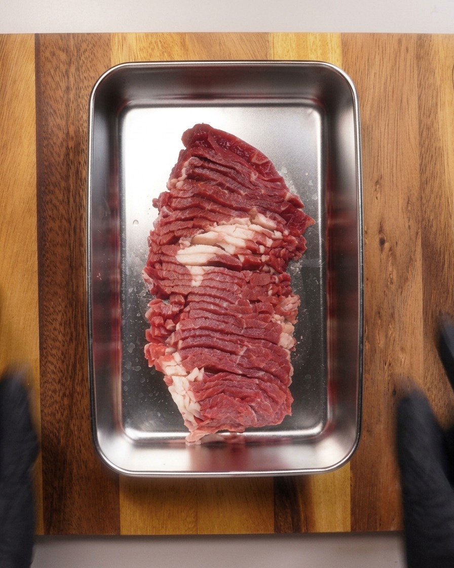 Thinly sliced raw marbled ribeye steak stacked neatly in an overlapping pattern inside a rectangular metal tray.